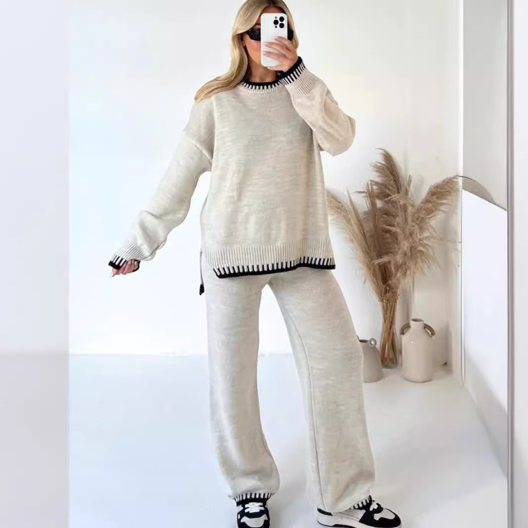 Women's knitted two-piece lounge set, loose fit wide neck top and high waist pants, cozy casual style