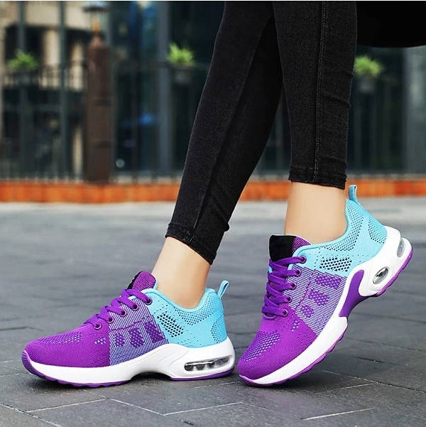 Women's light gray comfort walking shoes with breathable stretch knit upper and cushioned sole