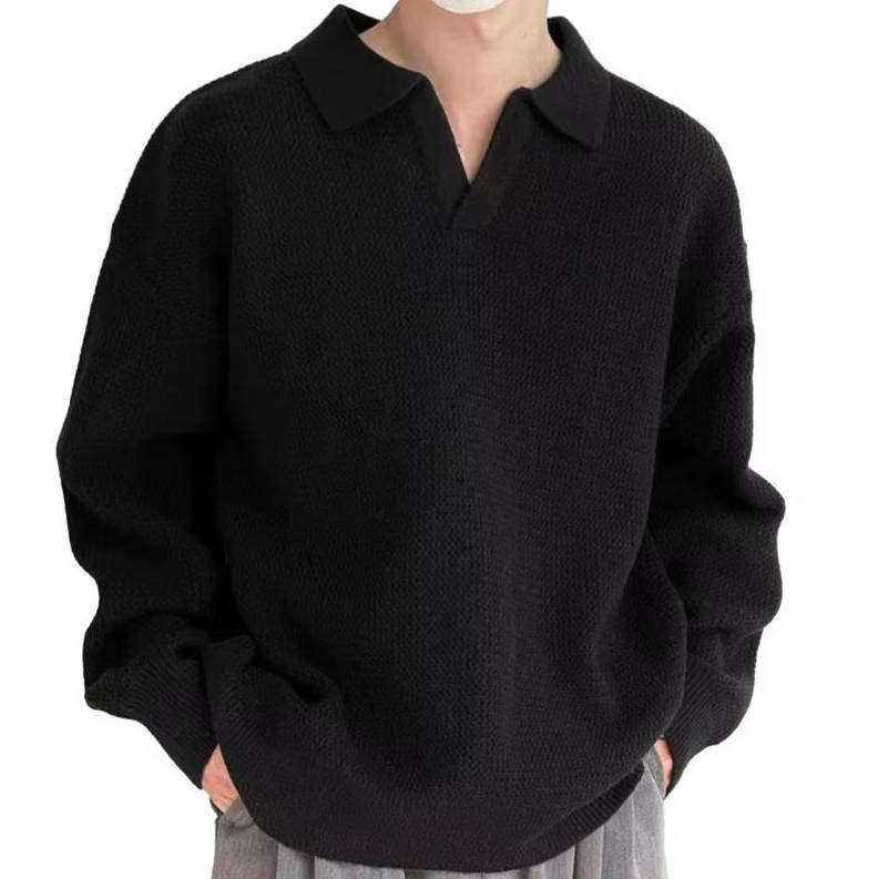 Men's long sleeve knit polo sweater in smart casual style with textured mid-weight weave and collar