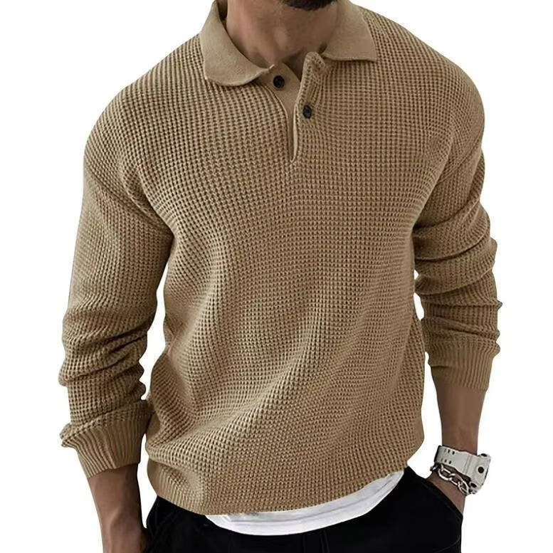 Men's beige waffle knit long sleeve sweater with textured cotton-poly blend for everyday comfort