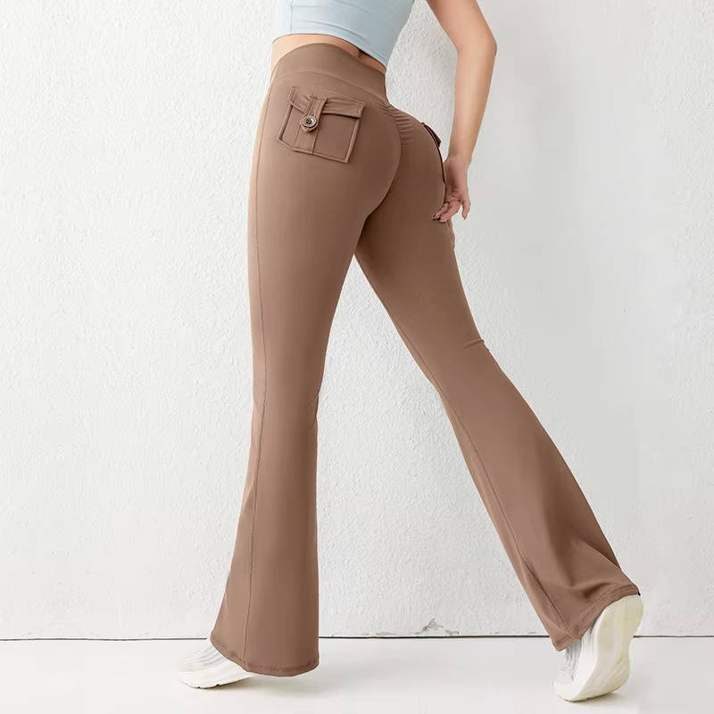 Women's high waist flared leggings with side pockets, black, yoga running casual fit