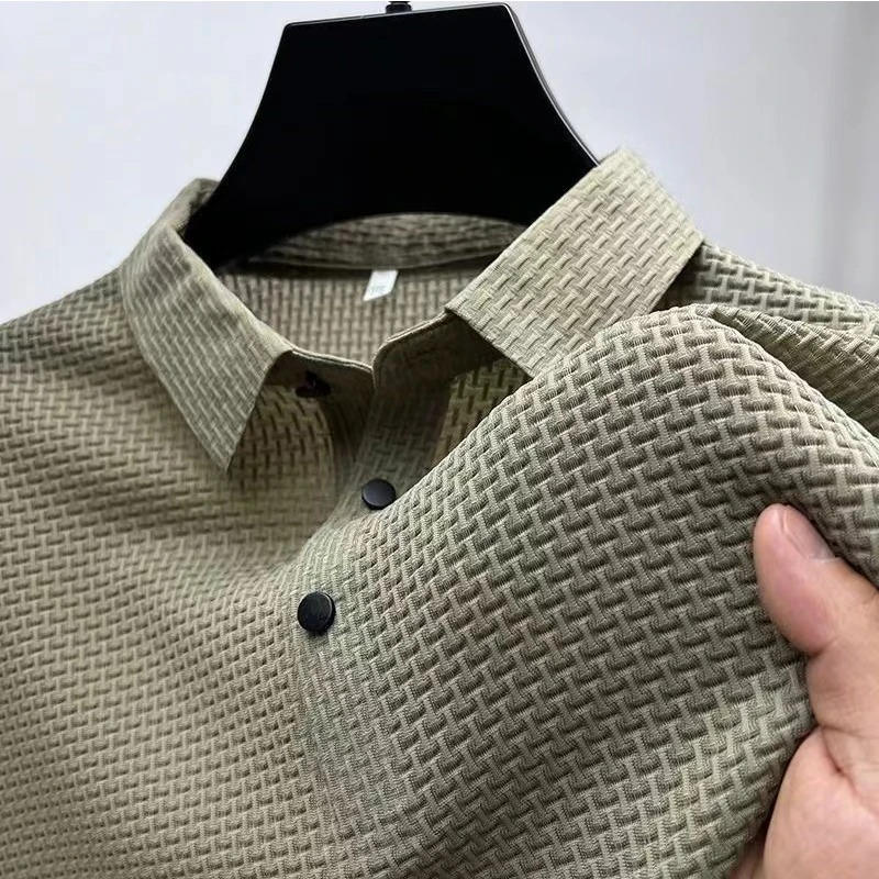 Men's navy blue knitted polo shirt short sleeve slim fit with breathable stretch performance fabric