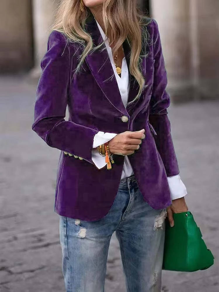 Women's black velvet blazer with single-button closure, tailored fit, and luxurious soft drape