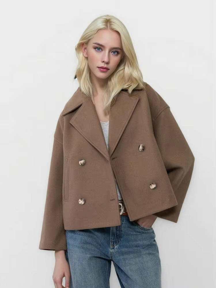 Women's cropped peacoat in classic double-breasted style, chic structured silhouette for versatile everyday wear