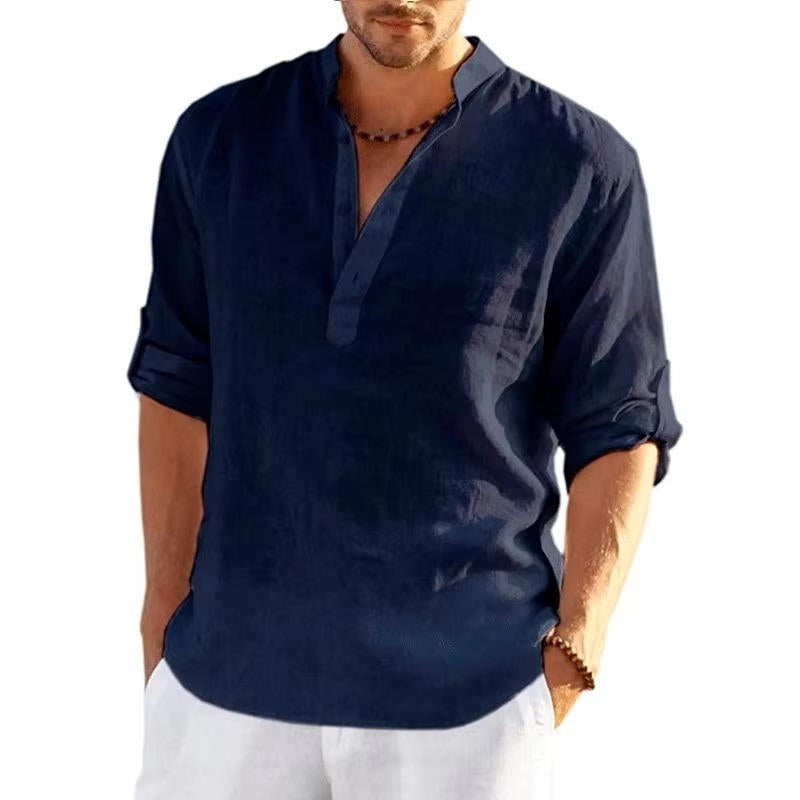 Men's beige linen Henley shirt rolled sleeves lightweight breathable casual summer fit