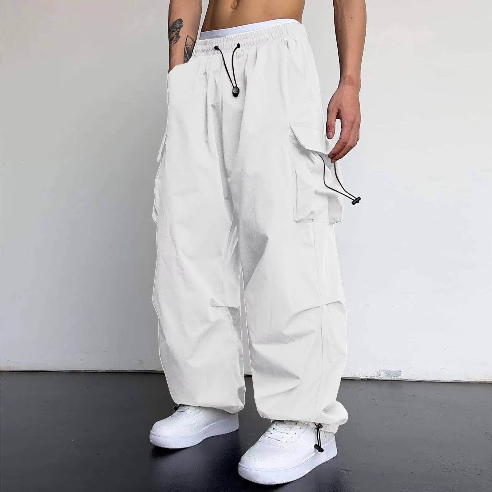Men's baggy cargo pants wide leg fit large side pockets drawstring waist streetwear style
