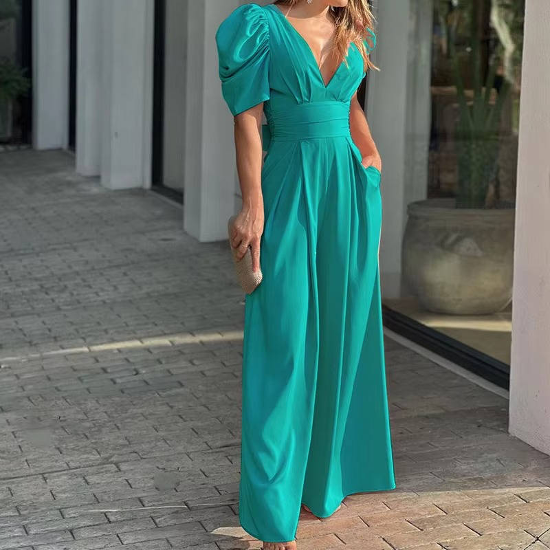Women's black long tailored jumpsuit wide-leg silhouette fitted waist button-back formal elegant