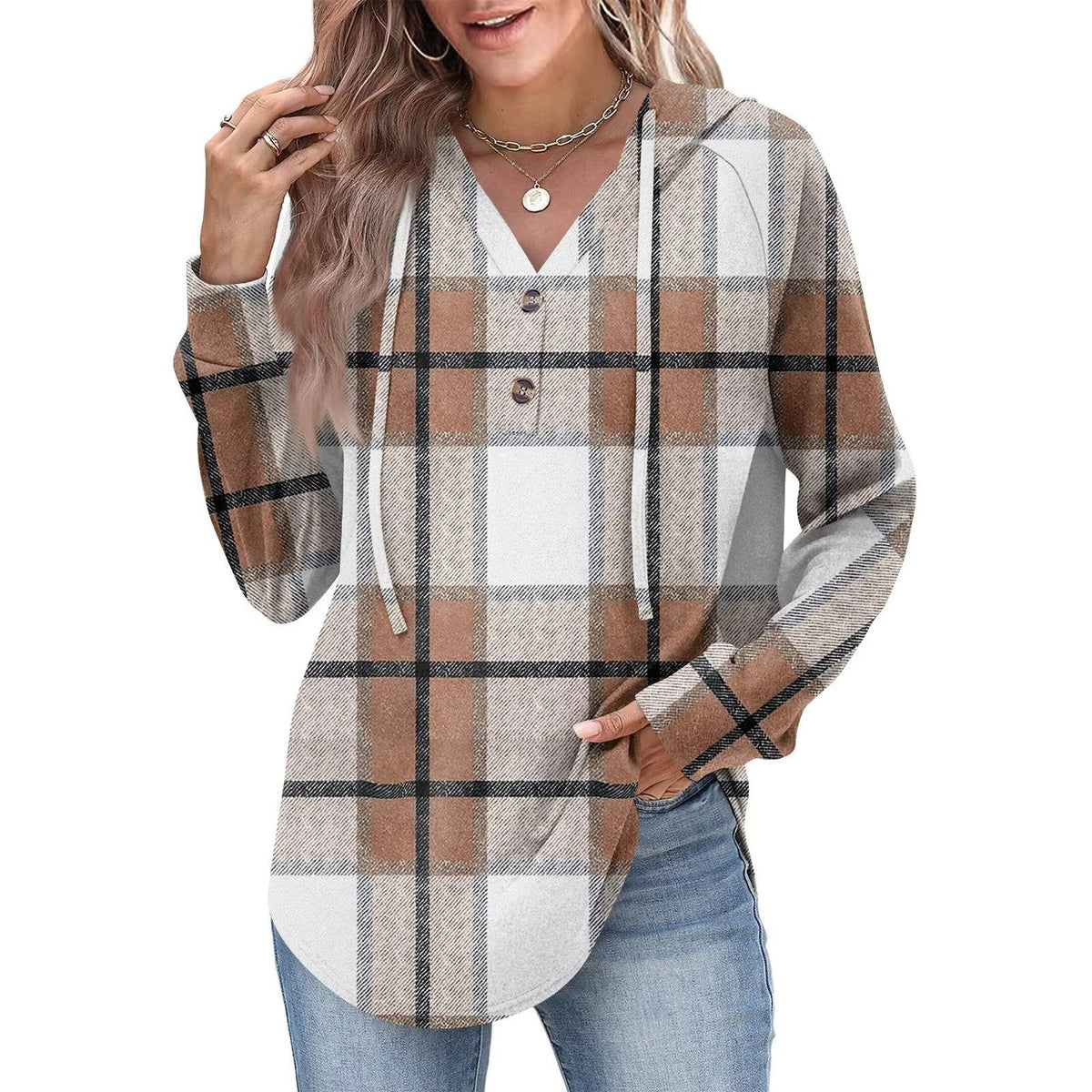 Women's gray v-neck button hoodie sweatshirt with adjustable partial button detail for versatile everyday wear