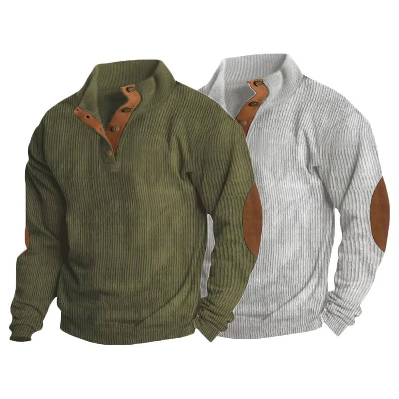 Mens Button Neck Pullover Sweater With Elbow Patches Casual Classic Knit Warm Everyday Wear