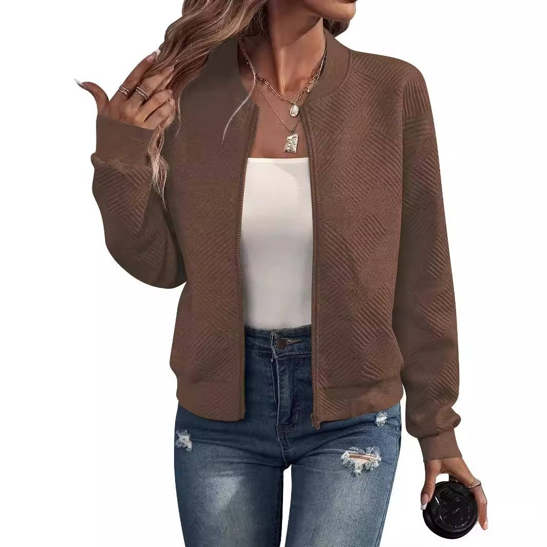Women's lightweight zip-up bomber jacket in solid color, relaxed fit with ribbed hem and cuffs