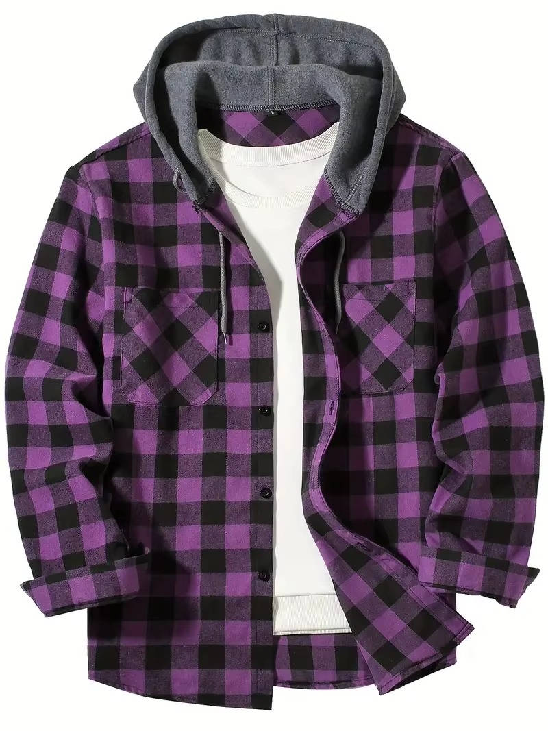 Men's red black buffalo plaid flannel shirt with fleece-lined adjustable hood, lightweight brushed cotton