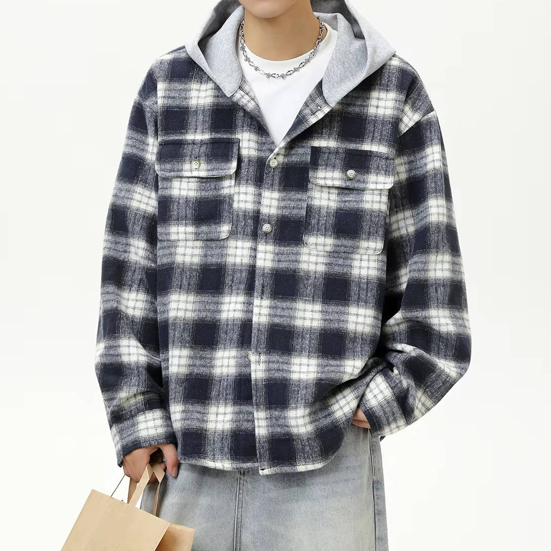 Unisex hooded flannel shirt in brushed cotton blend with relaxed fit and attached hood for casual layering