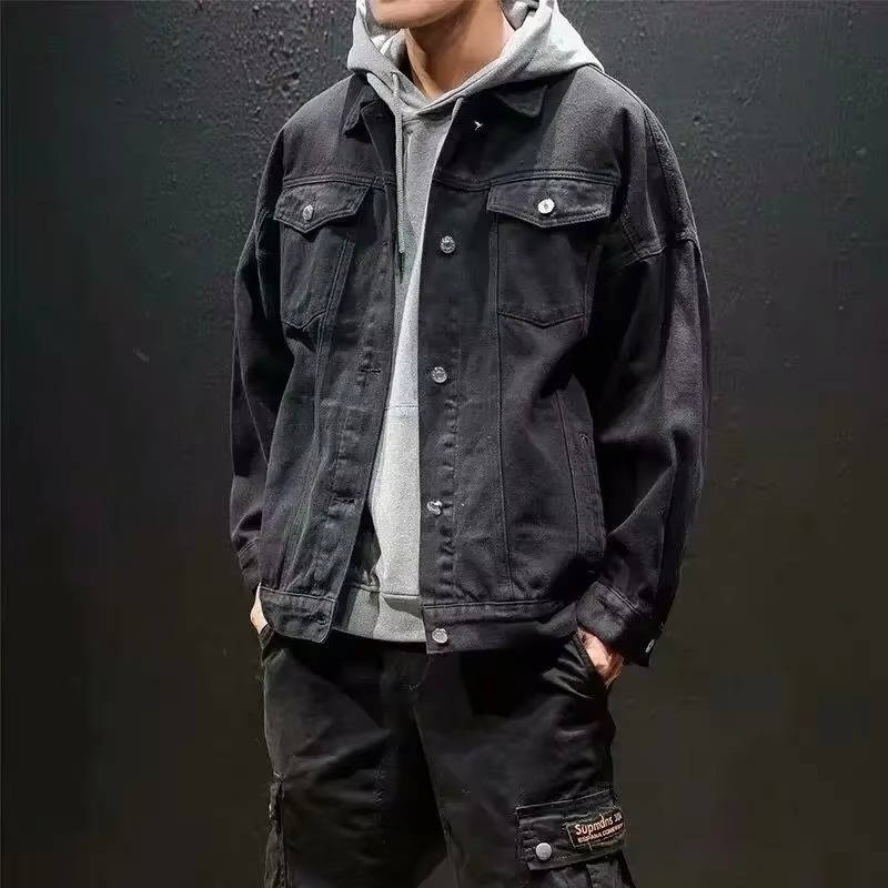 Men's olive green denim jacket with front button closure and classic chest pockets