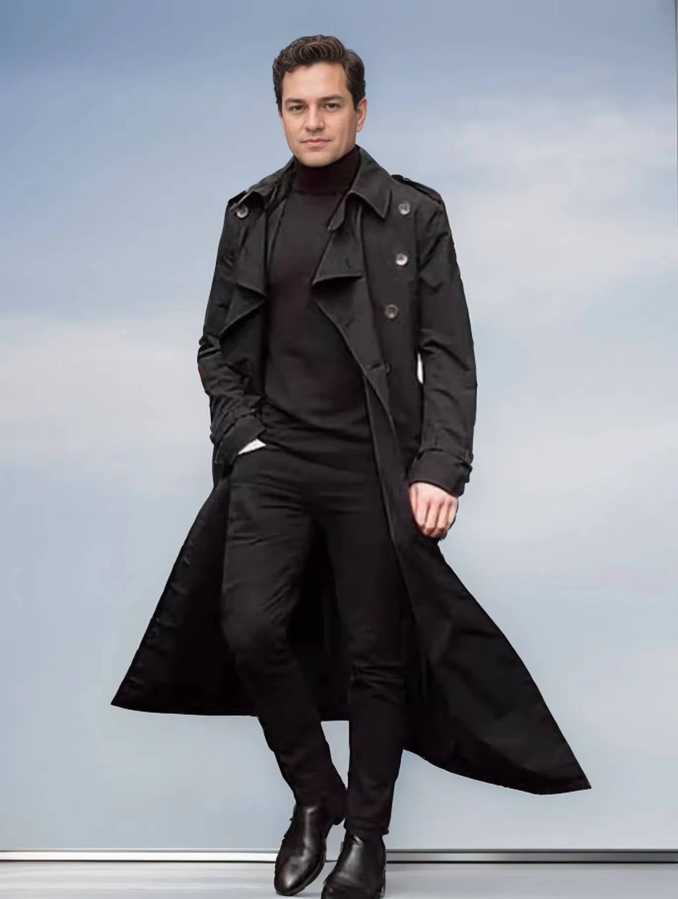 Men's Long Trench Coat With Timeless Double Breasted Style For All Weather Comfort