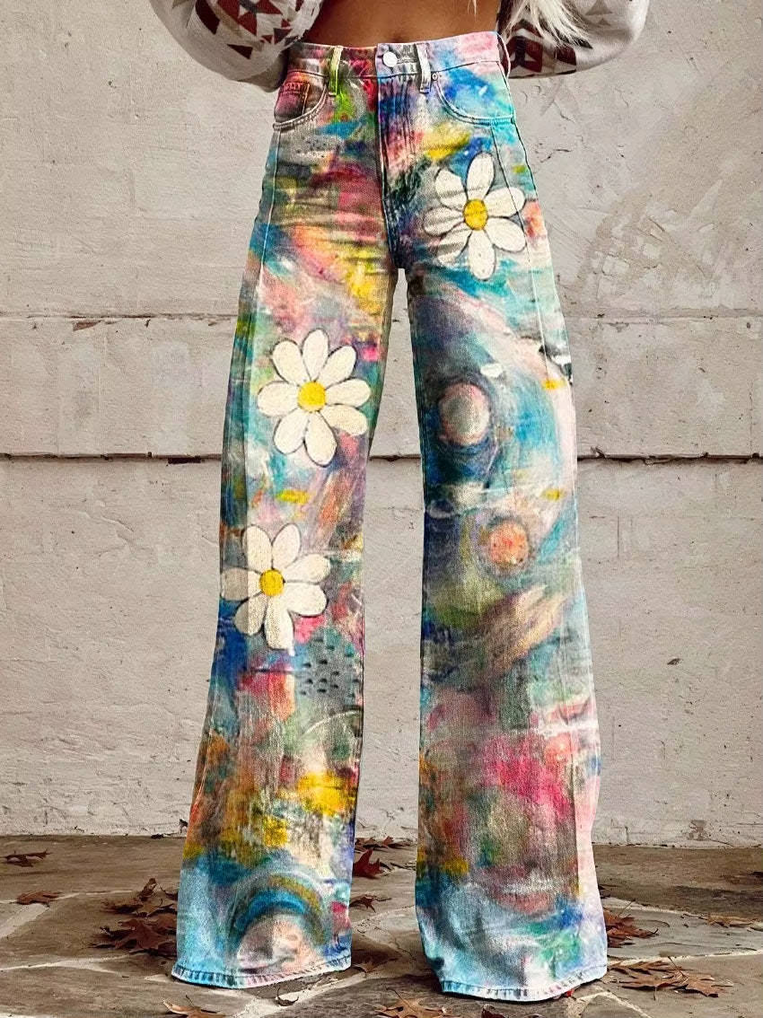 Women's high-waisted floral pants vintage-inspired wide-leg silhouette bold colorful retro print