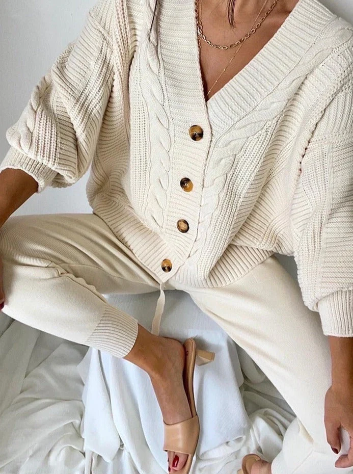 Women's cable knit cardigan and tapered wool trousers two-piece set in relaxed fit