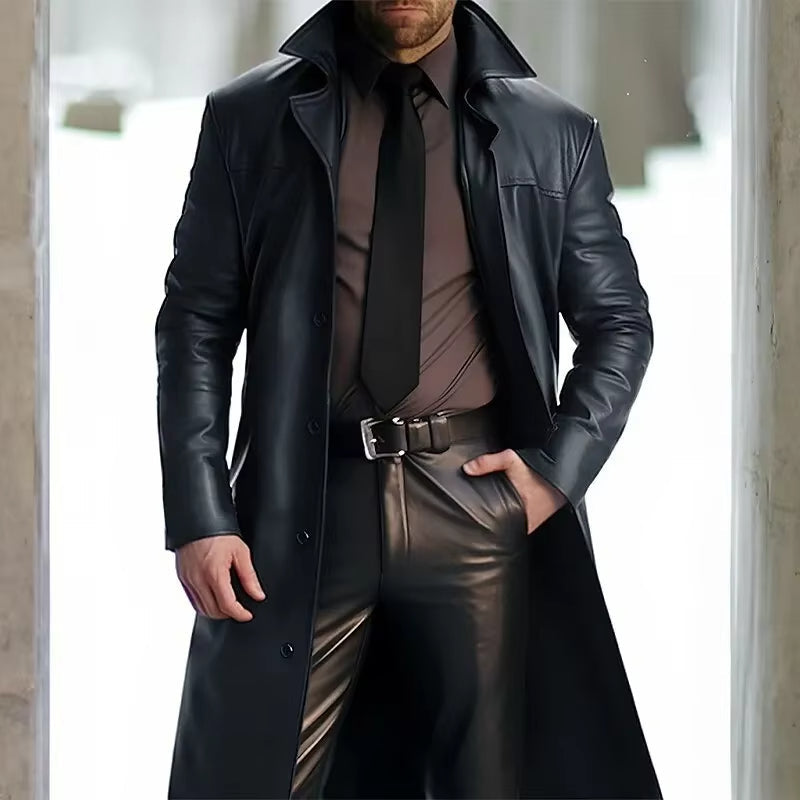 Men's classic long trench coat in warm tones with button-down front closure and tailored winter silhouette