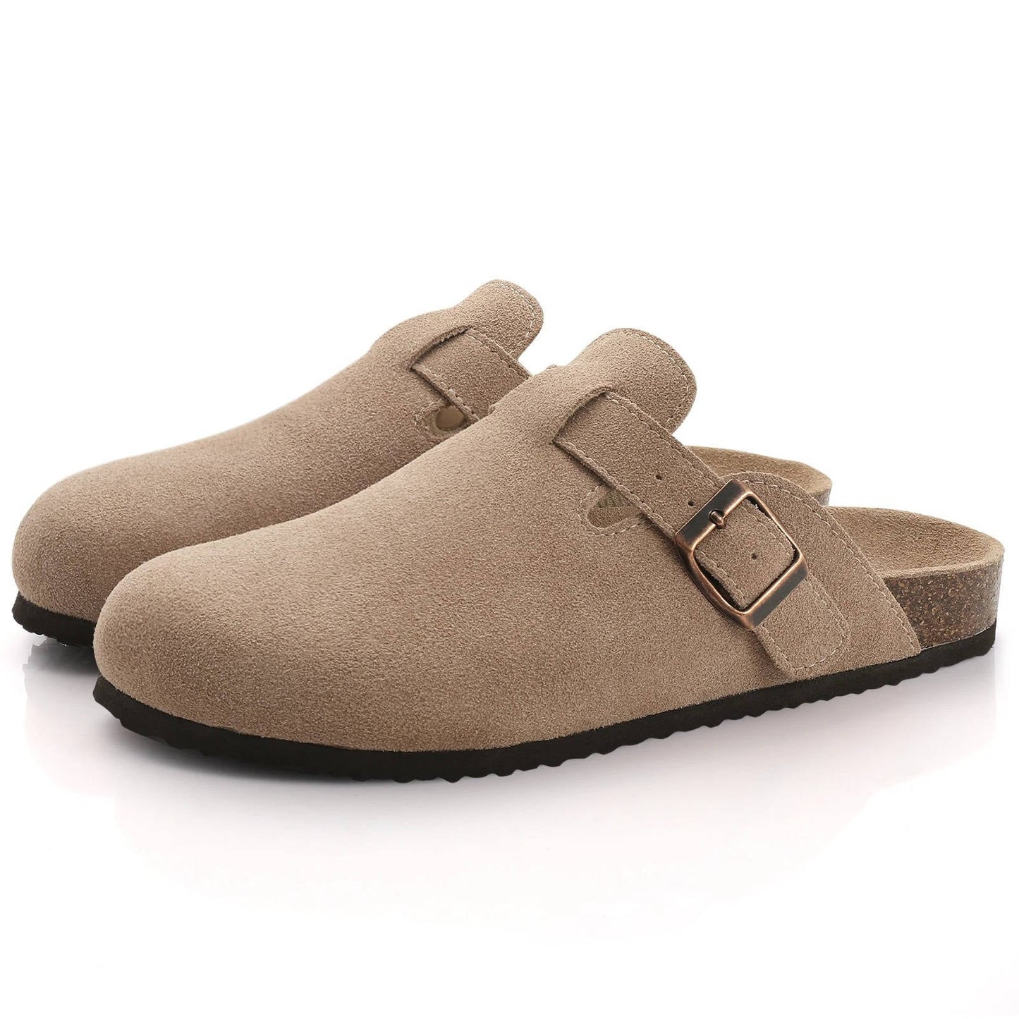 Women's suede clog mule shoes with metal buckle strap and natural cork footbed for all-day comfort