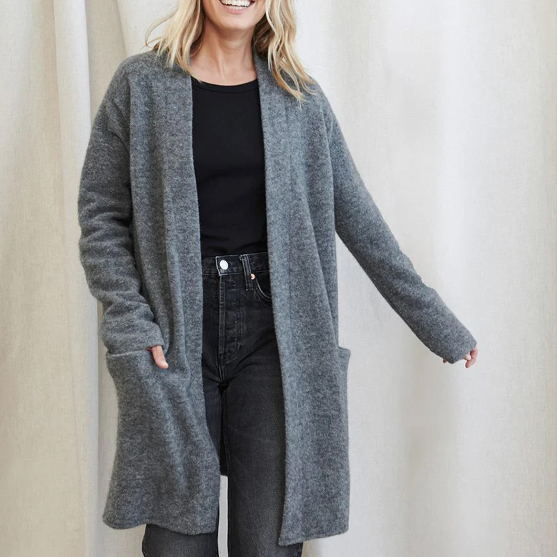Women's wool knit cardigan relaxed fit open front with pockets cozy everyday layering piece