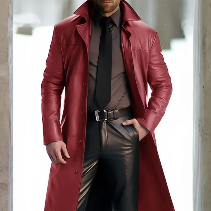 Men's classic long trench coat in neutral tone, button-down front, durable warm winter outerwear