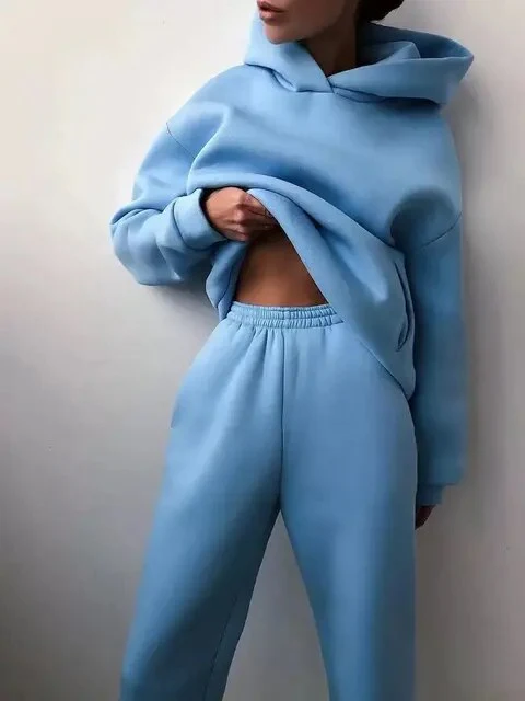 Women's gray fleece oversized hoodie and joggers lounge set with relaxed fit cozy two-piece