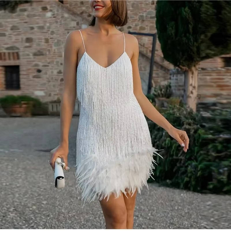 White Fringe Dress Feather Hem Dresses Wavlynn Offer