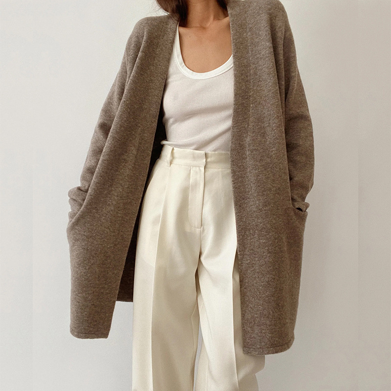 Women's wool knit cardigan relaxed open-front silhouette with pockets, cozy everyday layering essential