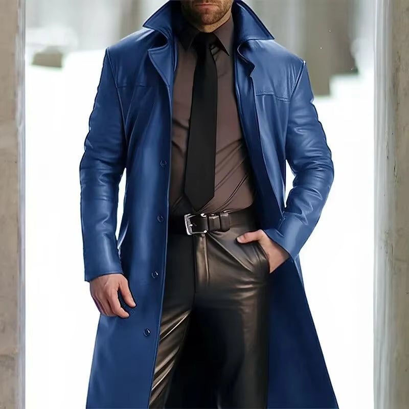 Men's classic long trench coat in warm tones, button-down closure, durable winter outerwear