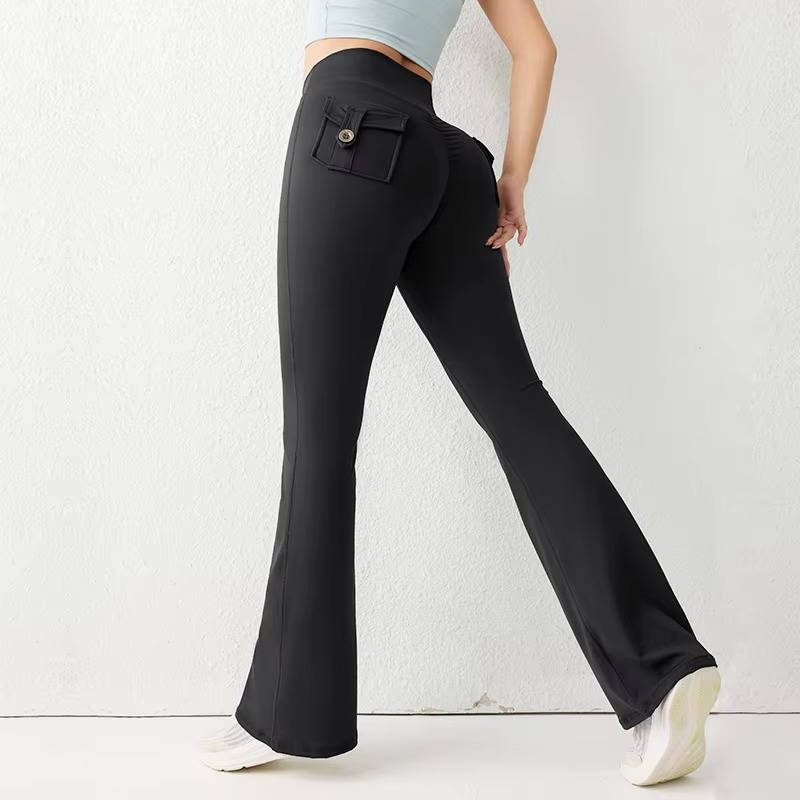 Women's high waist flared leggings with side pockets, black, slim fit athletic style