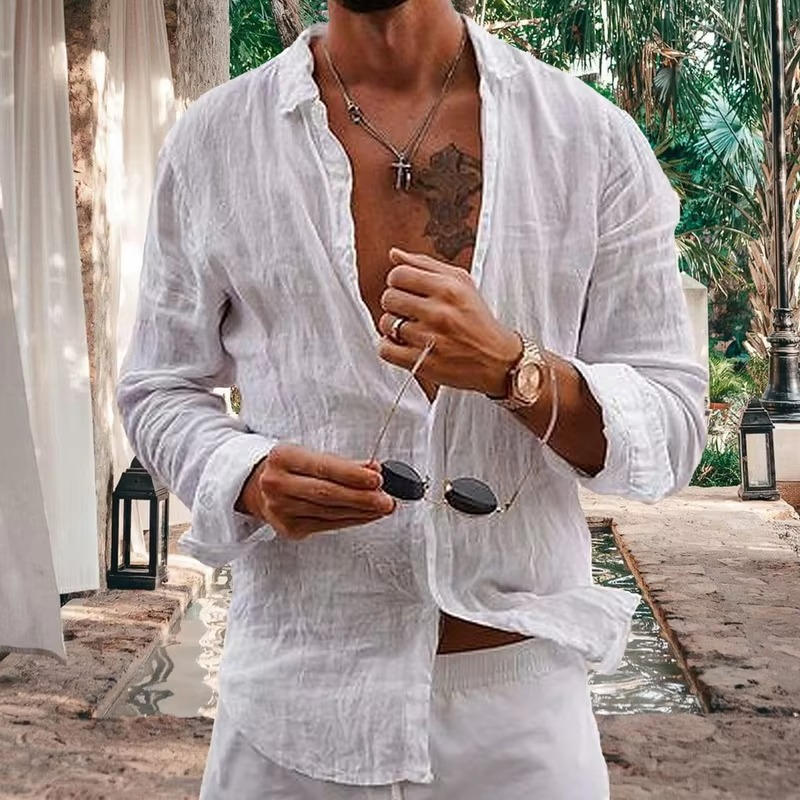 Men's natural beige linen long sleeve shirt lightweight breathable casual fit daily wear top