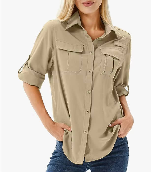 Women's beige UPF 50 hiking shirt with roll-up sleeves, button-down safari style, vented back panel