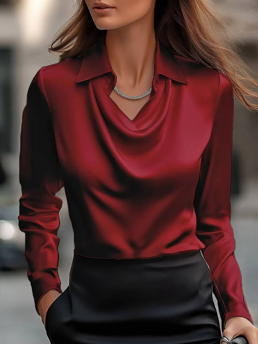 Satin cowl neck long sleeve top in sleek finish, elegant drape, versatile office-to-evening stretch blend