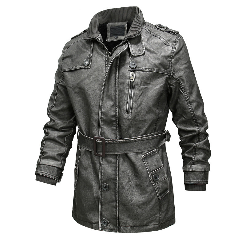 Men's black PU leather trench coat belted waist zip front plush lined urban style