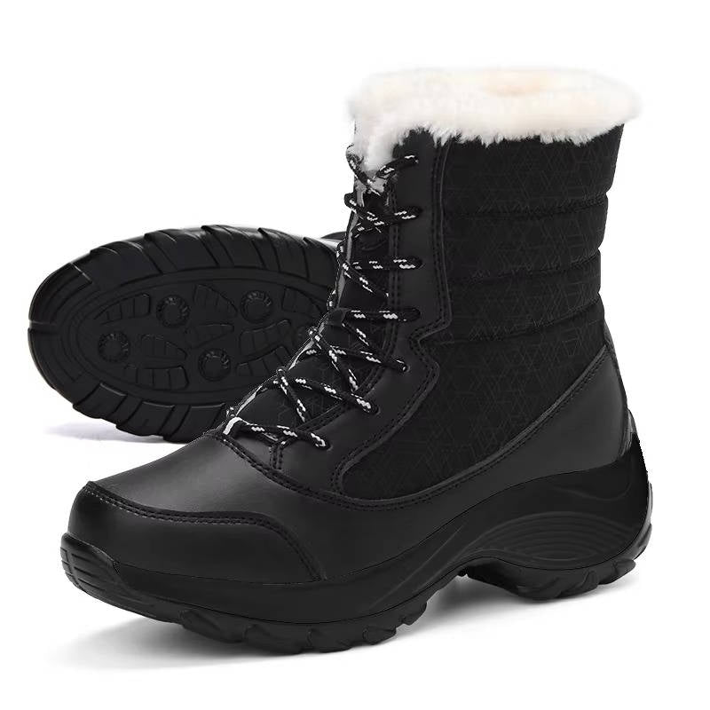Women's waterproof leather winter snow boots in neutral tone with lightweight sole for cold weather