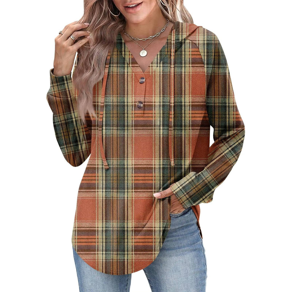 Women's cozy v-neck button hoodie sweatshirt adjustable partial button detail versatile everyday wear