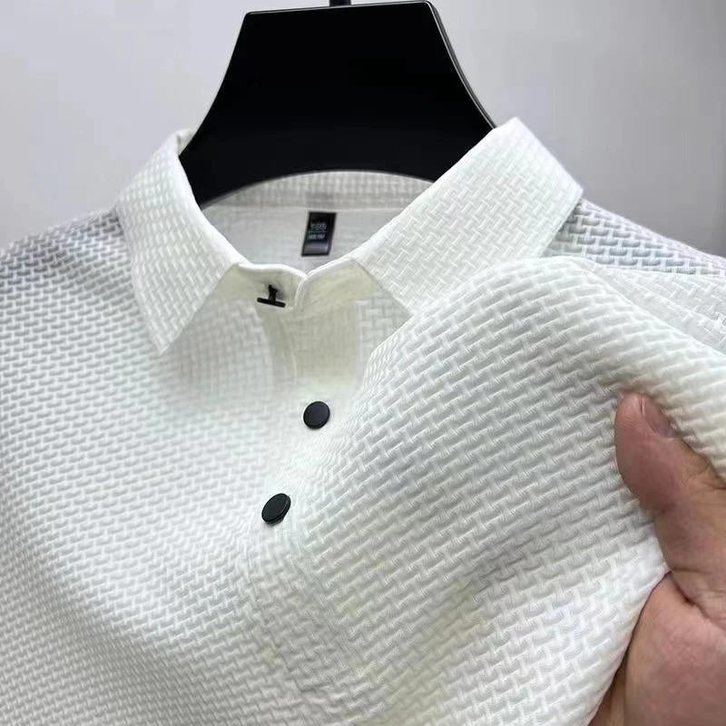 Men's navy blue knitted polo shirt short sleeve slim fit breathable stretch fabric everyday wear