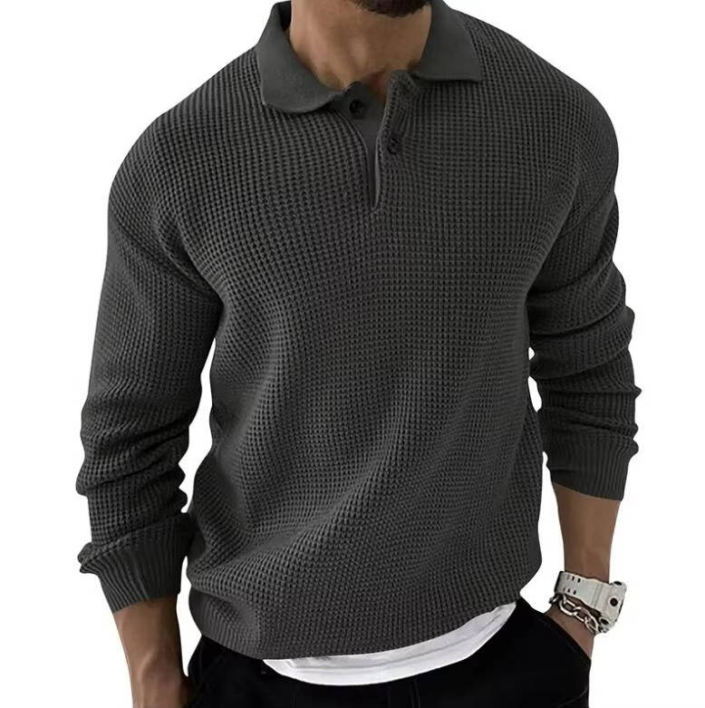 Men's beige waffle knit long sleeve sweater with textured cotton-polyester blend for casual wear