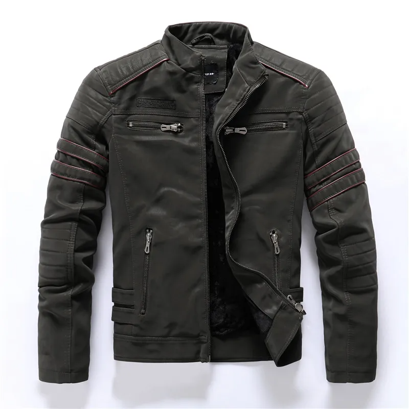 Men's black rugged PU leather motorcycle jacket with fleece lining and quilted shoulders zipper pockets