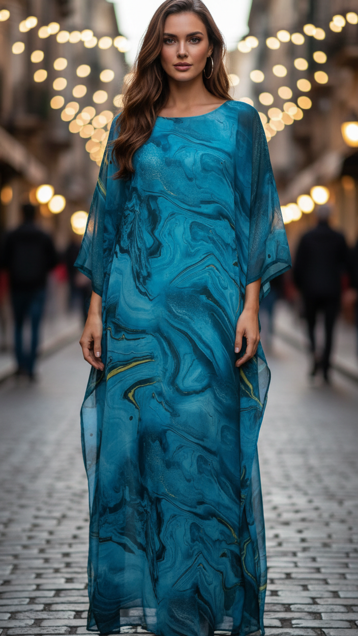 Women's golden chiffon kaftan maxi dress with batwing sleeves and floor-length formal silhouette