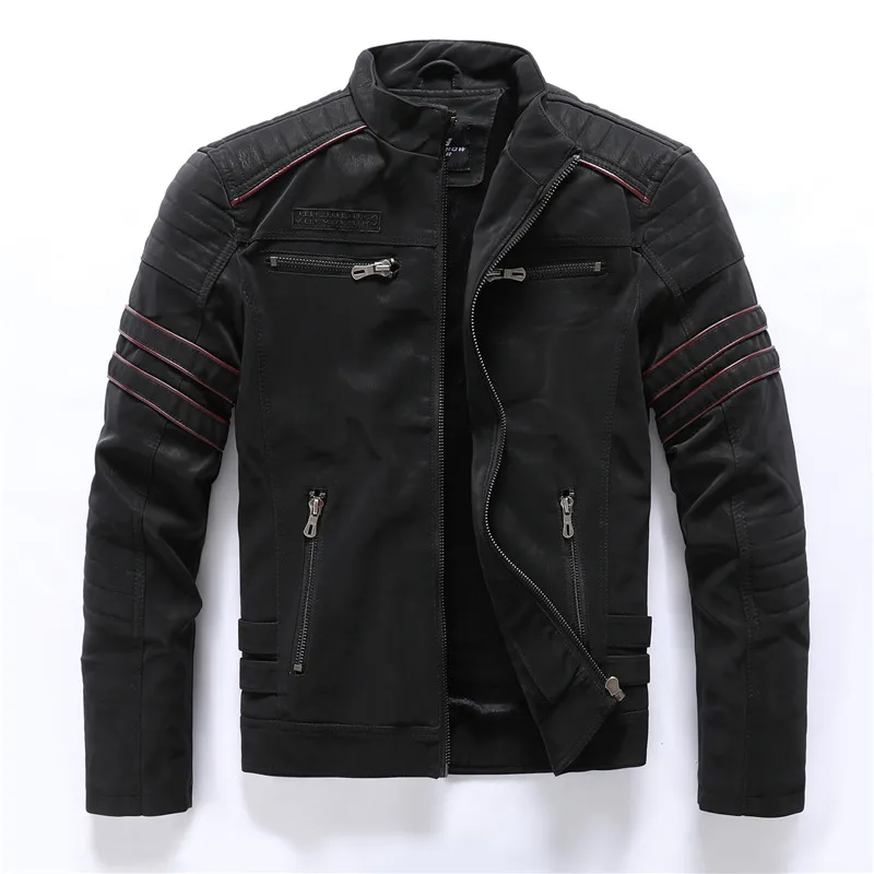 Men's black PU leather moto jacket with fleece lining, quilted shoulders, and zip pockets