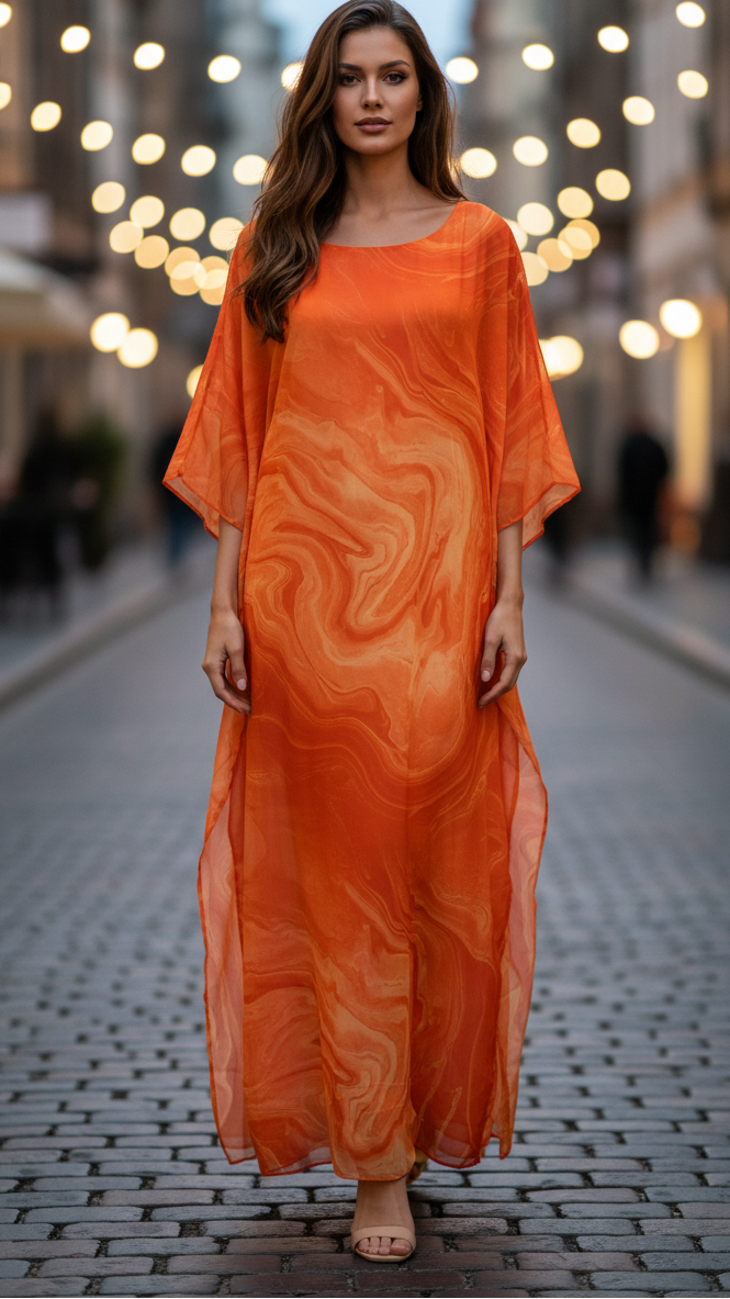 Women's golden chiffon kaftan maxi dress batwing sleeves floor-length formal silhouette