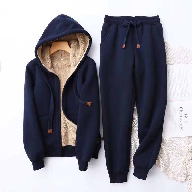 Women's gray fleece-lined hoodie and jogger set with relaxed fit for cozy winter comfort