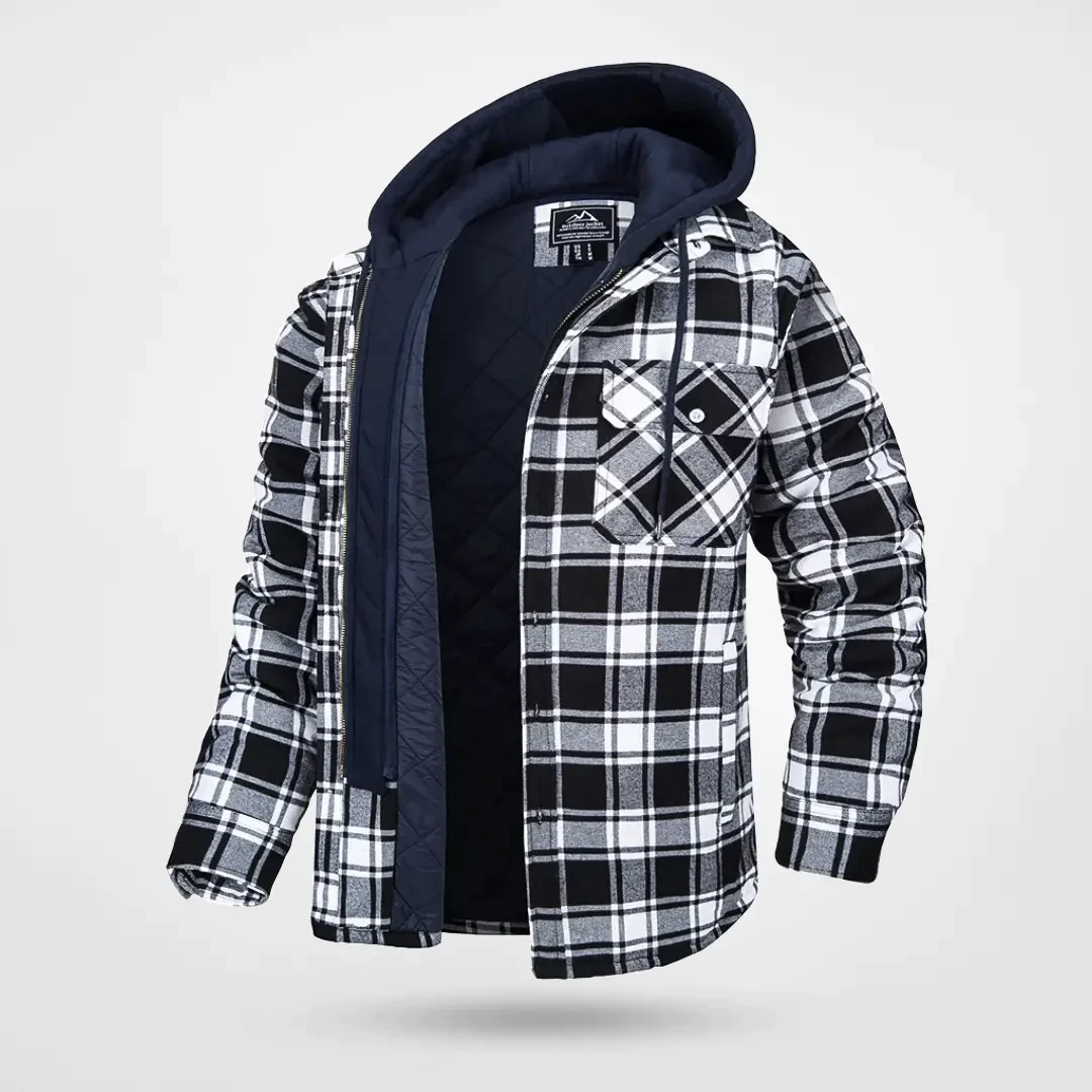 Men's hooded checkered coat relaxed fit with quilted lining, plaid pattern cold weather outerwear