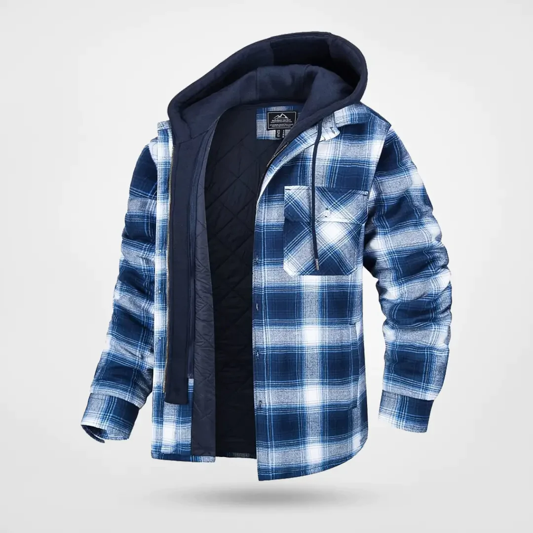 Men's relaxed fit hooded plaid coat with quilted lining, checkered pattern, cold weather outerwear