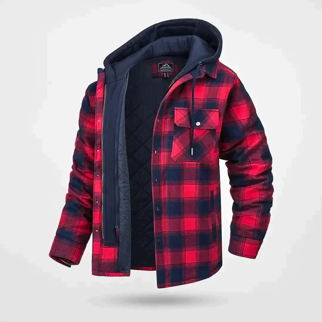 Men's hooded checkered coat relaxed fit with quilted lining, plaid pattern cold weather outerwear
