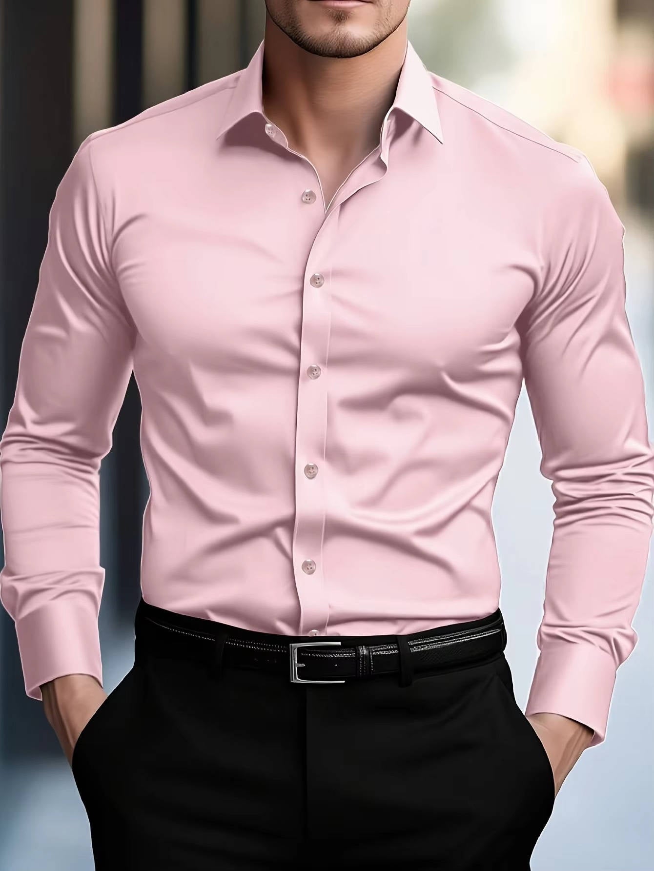 Men's slim fit long sleeve button-down dress shirt with cuffs, stretch fabric for office and casual wear