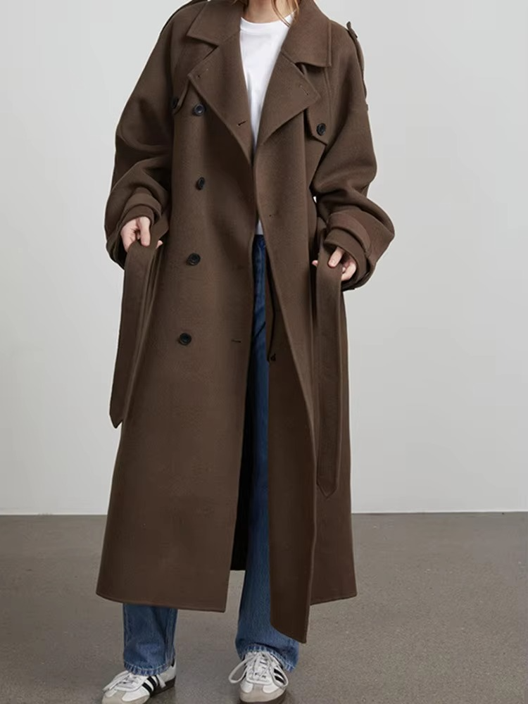Women's wool blend double-breasted knee-length winter coat in classic tailored silhouette