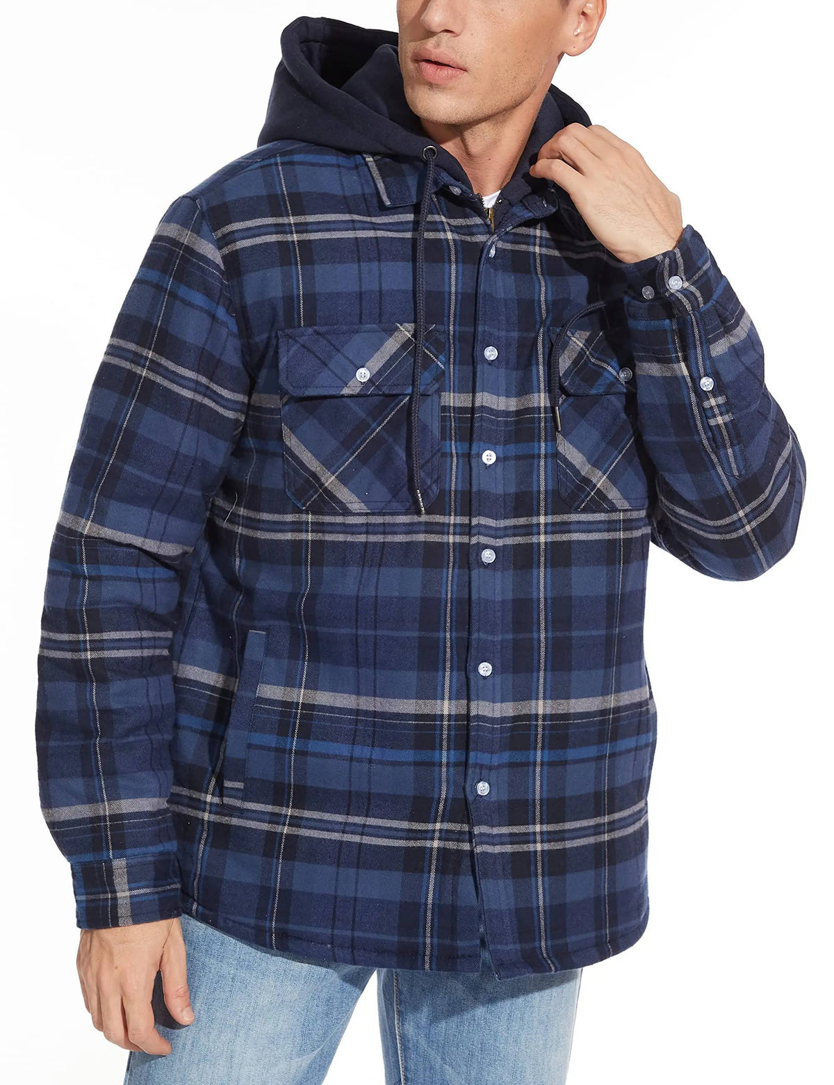 Men's plaid bomber jacket with hood, zip-button front closure, warm lining, relaxed everyday fit