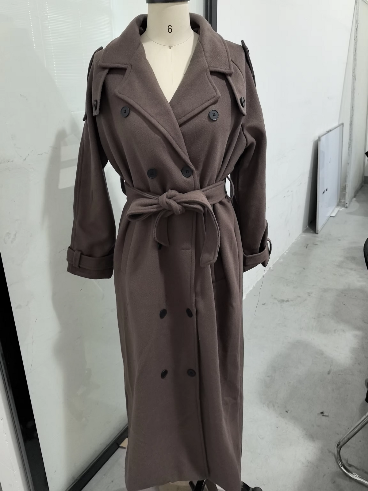 Women's wool overcoat lace-up detail double-breasted tailored silhouette warm winter coat