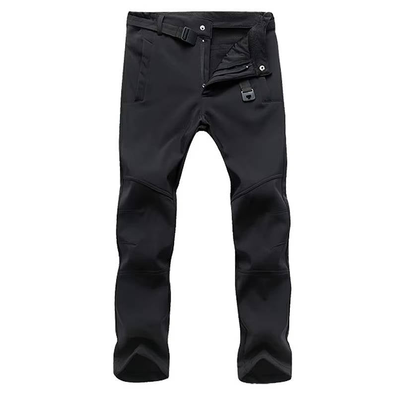 Men's lightweight waterproof hiking pants, black, slim athletic cut with fleece-lined cold weather protection